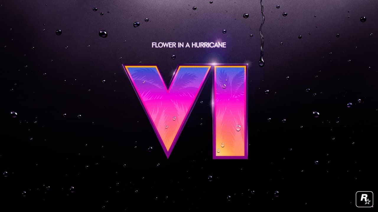The single artwork for Justice's 'Flower in a Hurricane': a glossy pink, purple and orange 'VI' logo with palm-leaf shadows under the song title, on a dark wall beaded with water drops