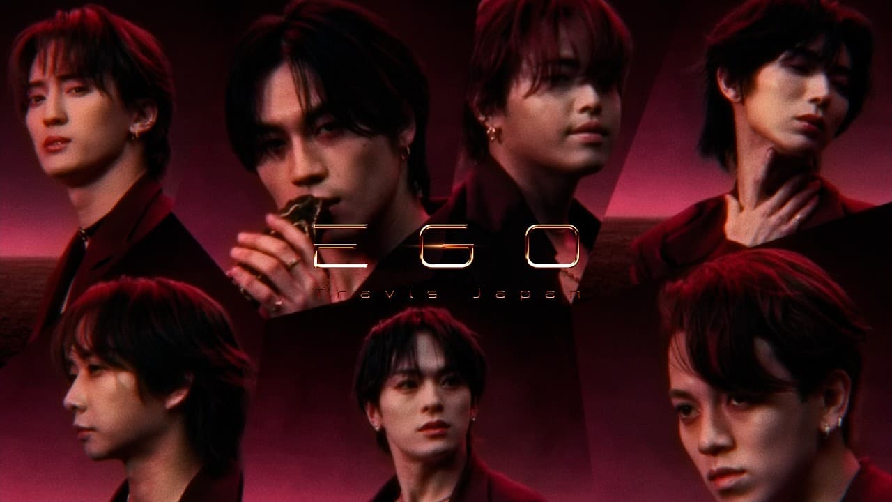 The seven members of Travis Japan in dark red light, a collage of faces around the title 'EGO', on the thumbnail of the music video