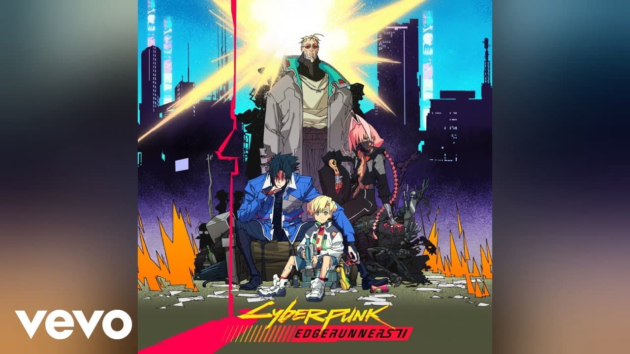 The Cyberpunk: Edgerunners 2 soundtrack artwork on the 'In Love With Myself' upload: a dark-haired man in a blue jacket, a blond boy and a pink-haired woman in a face mask sit among crates and scrap on a littered street at night, with a tall man in a long grey coat standing behind them under a burst of light, above the Cyberpunk Edgerunners II logo