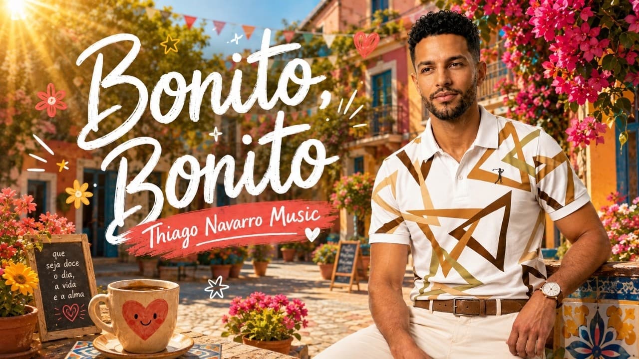 The AI-made Thiago Navarro persona, a bearded man in a white shirt with gold triangles, sits in a sunny street of bougainvillea beside the words 'Bonito, Bonito' and a cup of coffee
