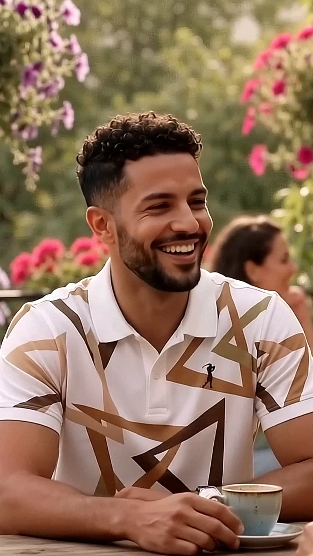 The AI-made Thiago Navarro persona, a bearded man with short curly hair in a white shirt with gold triangles, laughs over a cup of coffee at a flower-lined café in the 'Bonito, Bonito' video