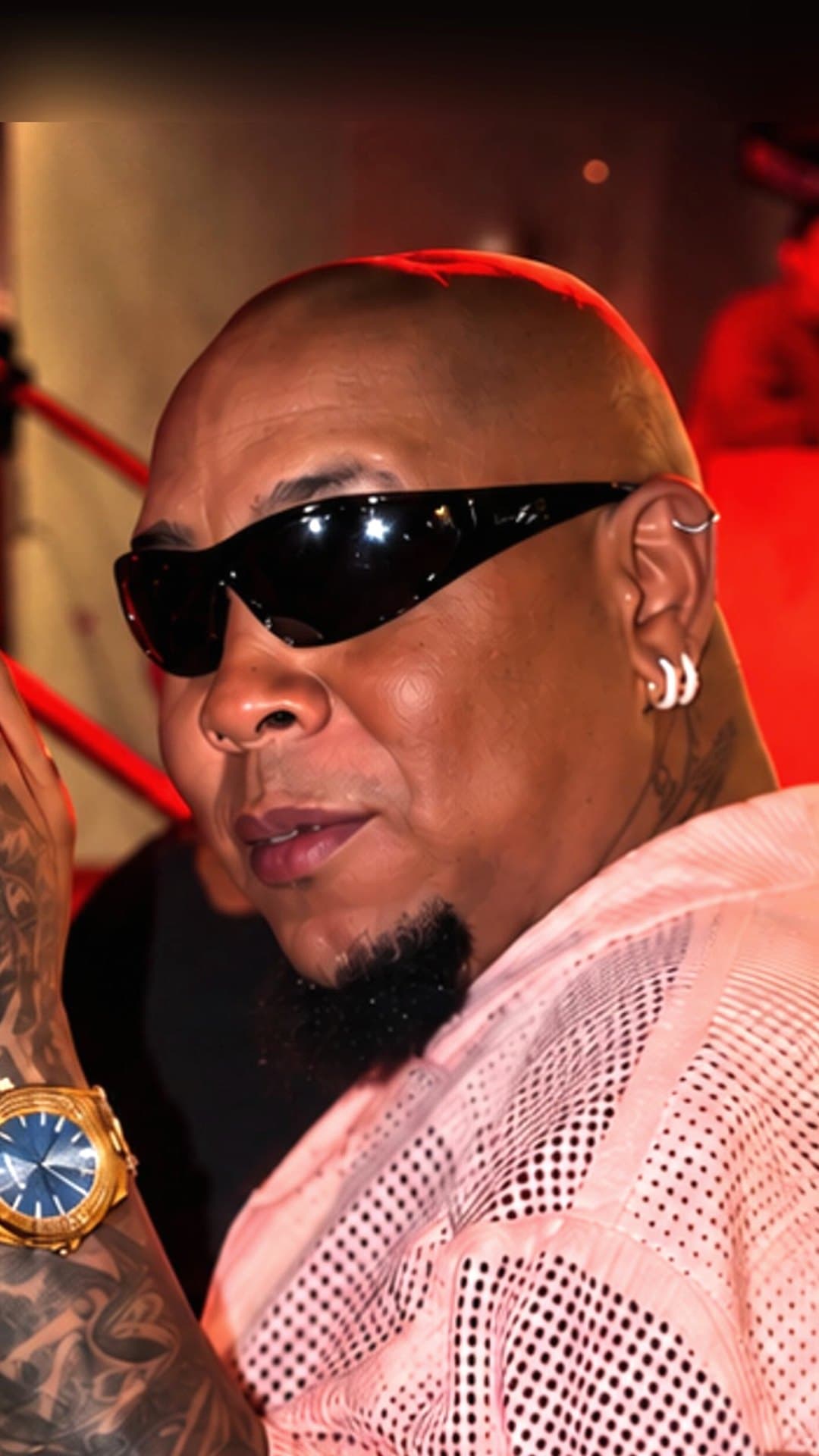 Bulin 47 in black wraparound sunglasses and a pink mesh shirt, a gold watch on his tattooed wrist, on the artwork for 'Dame Hombro'