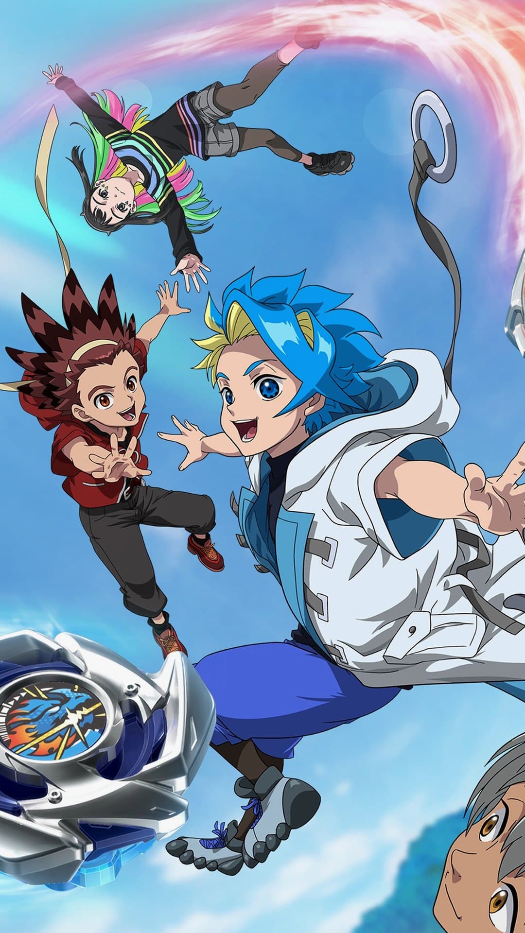 Beyblade X characters leap across a blue sky beside a spinning top, on the single artwork for &TEAM's 'Fearless'