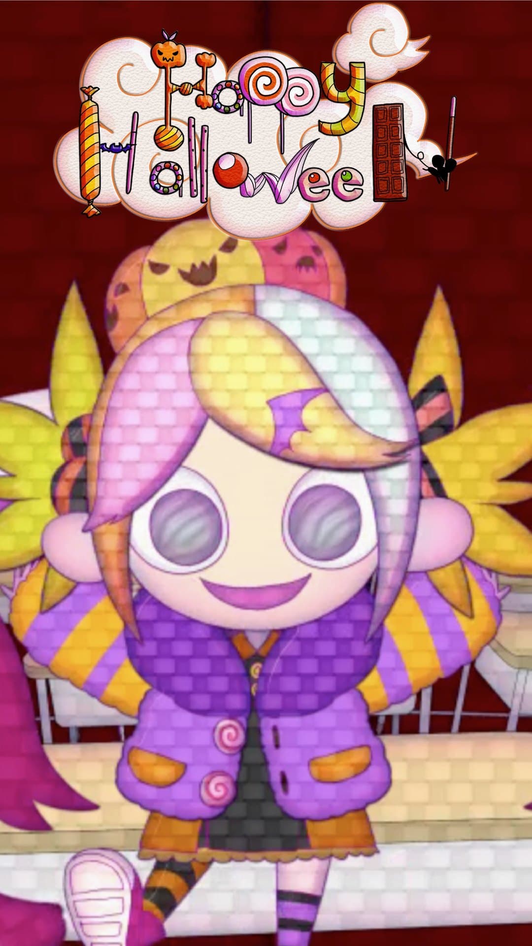 The 'Happy Halloween' single artwork: a cartoon girl with pink, yellow and pale blue hair and swirling lilac eyes, in a purple jacket with striped sleeves, is shown in a red classroom under the song's candy-lettered title