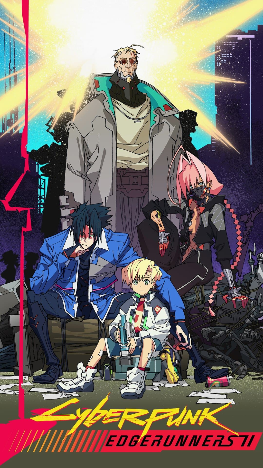The Cyberpunk: Edgerunners 2 soundtrack artwork: three anime characters sit among crates and scrap on a littered street at night, a tall man in a long grey coat standing behind them under a burst of light