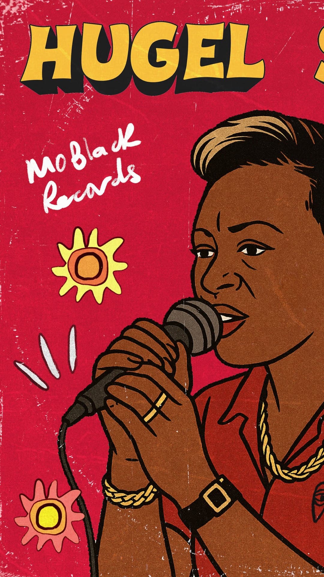 An illustrated singer in a red shirt and a gold chain holds a microphone close against a pink-red background, on the cover of HUGEL and SOLTO's single 'Jamaican (Bam Bam)'