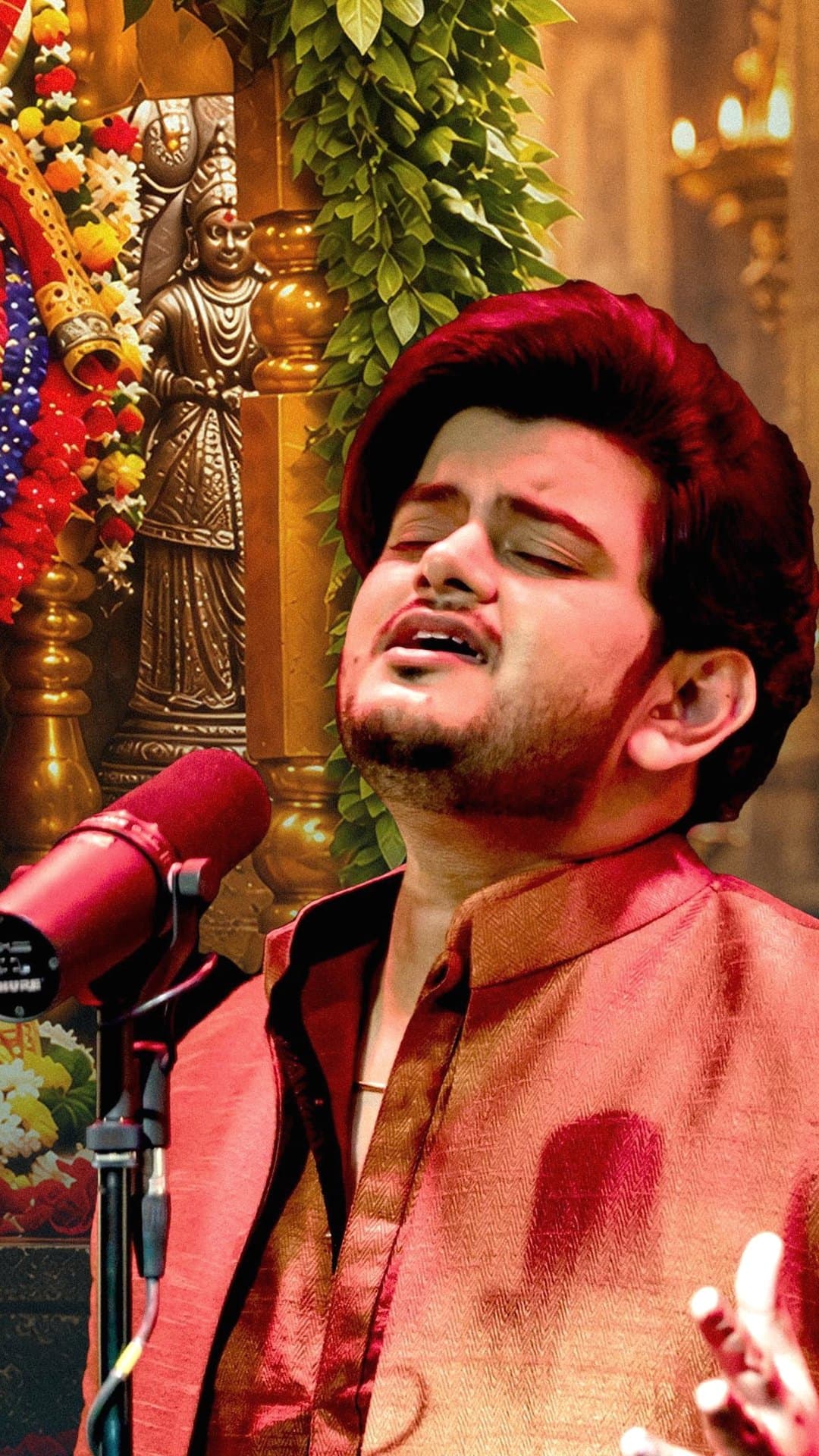 Vishal Mishra, eyes closed, sings into a red microphone in a red kurta before a flower-decked shrine of the goddess, on the artwork for 'Meri Maa Ne Bulaya Hai'