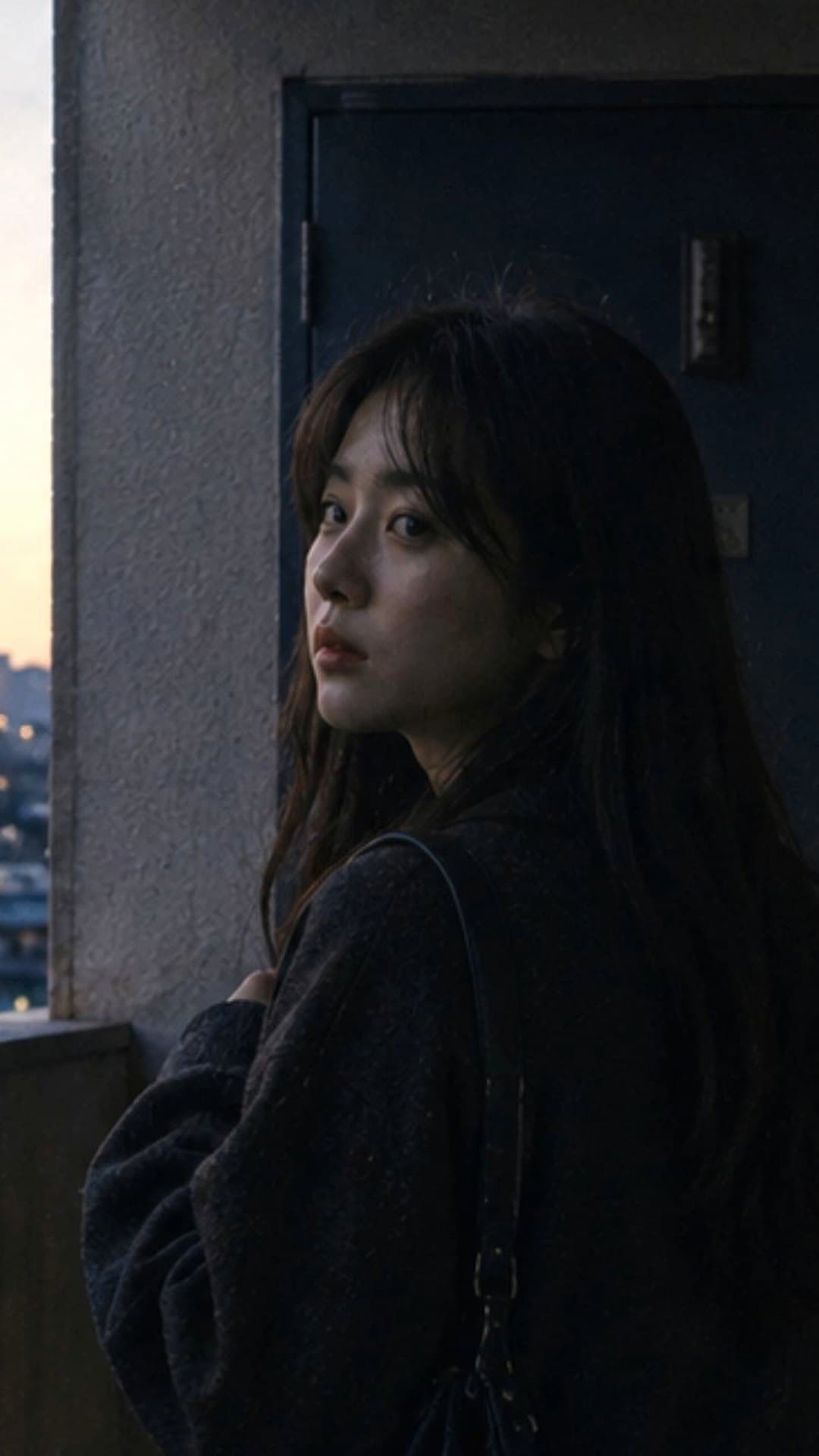 A young woman with long dark hair glances back over her shoulder in front of a dark apartment door at dusk, on the cover of MEOMURU's single 'The Adult I Dreamed Of'
