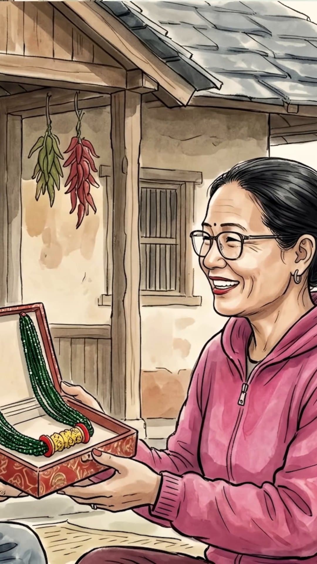 A watercolour of a smiling Nepali mother in a pink hoodie taking a box that holds a green bead necklace with a gold tilhari, from ST Man's 'Tilhari' lyric video