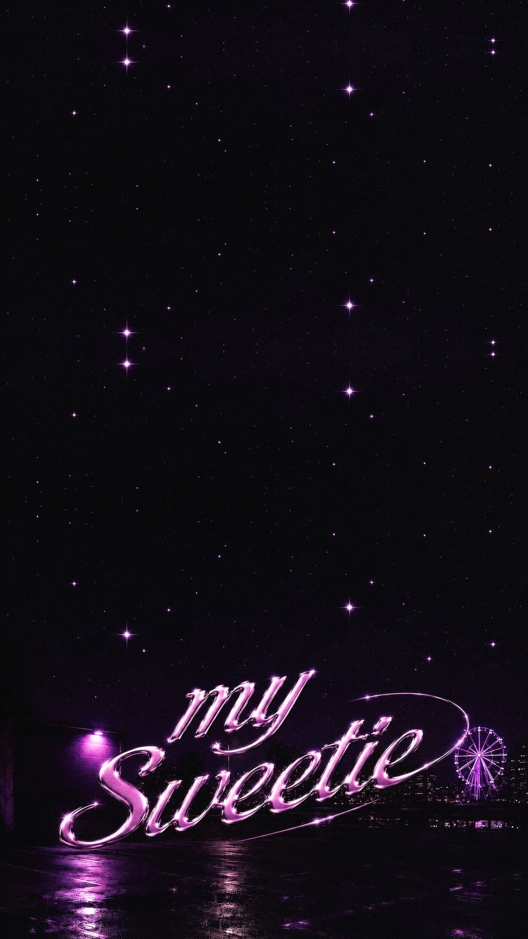 The words 'my Sweetie' in shiny lilac chrome script glow above a wet, empty street at night under a starry sky, with a lit Ferris wheel and city lights behind, from the artwork for nissi and 25Hzz's 'Wyw my sweetie #JerseyClub'