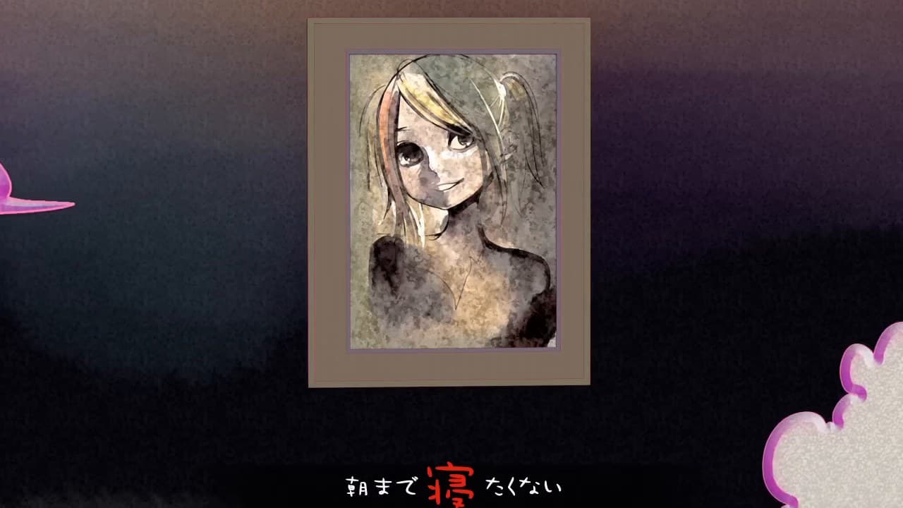 A watercolour portrait of Kagamine Rin, with blonde hair, a red streak and a small side ponytail, hangs in a picture frame on a dark purple wall, above the Japanese lyric line in white and red